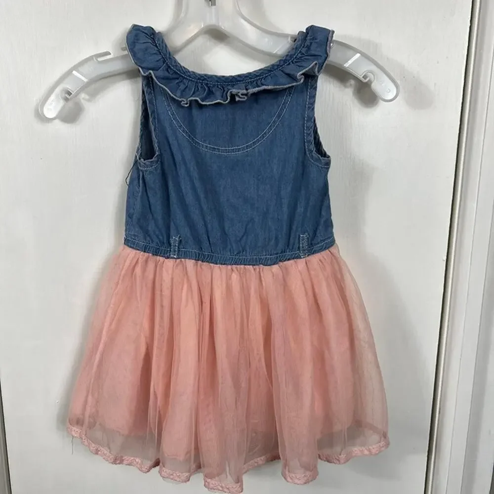 Calvin Klein Jeans Girls Denim & Pink Tulle Dress Ruffle Button Front Size 4T